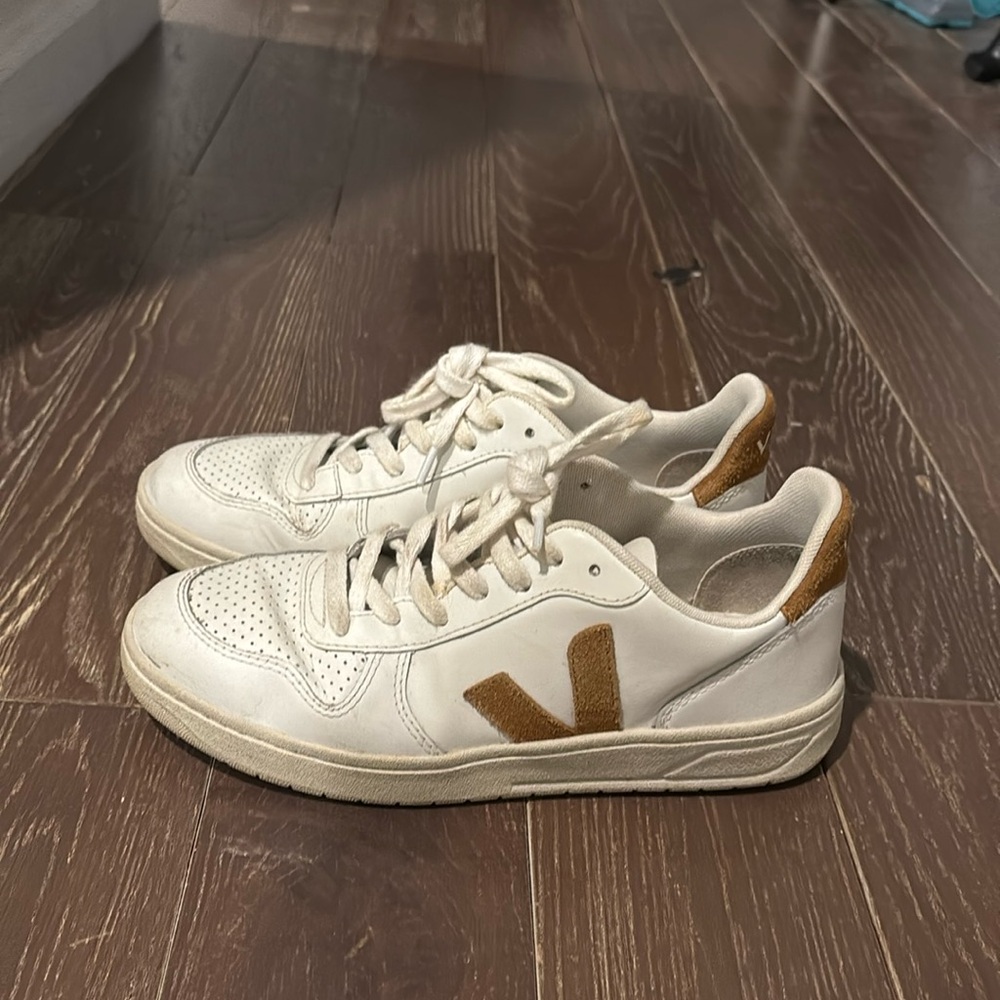 White Vejas with brown suede detailing
